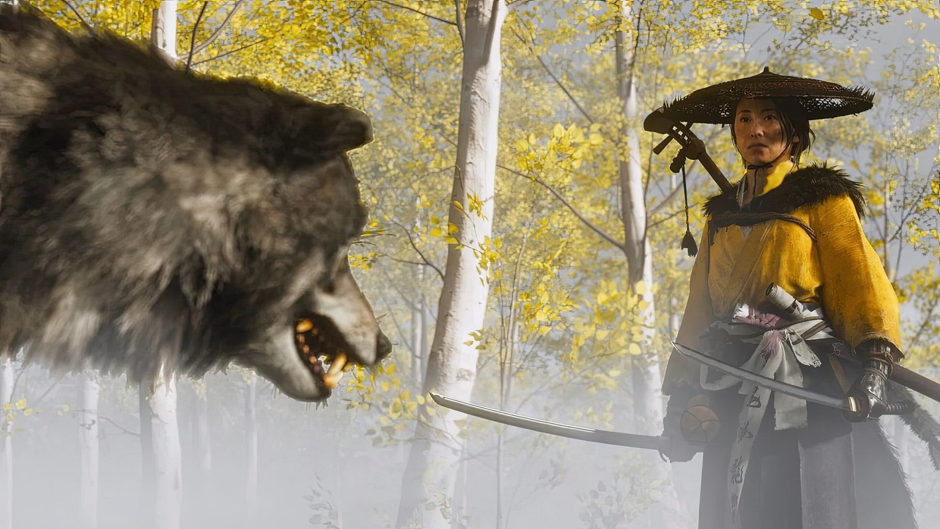 شخصیت اصلی بازی Ghost Of Yotei در مقابل یک گرگ