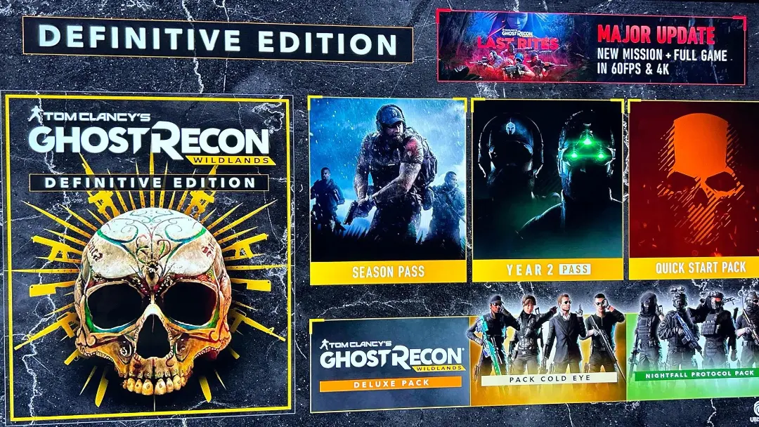 تصویر مجموعه‌ای از بسته‌های الحاقی و نسخه‌های مختلف بازی Ghost Recon Wildlands با طرح جمجمه