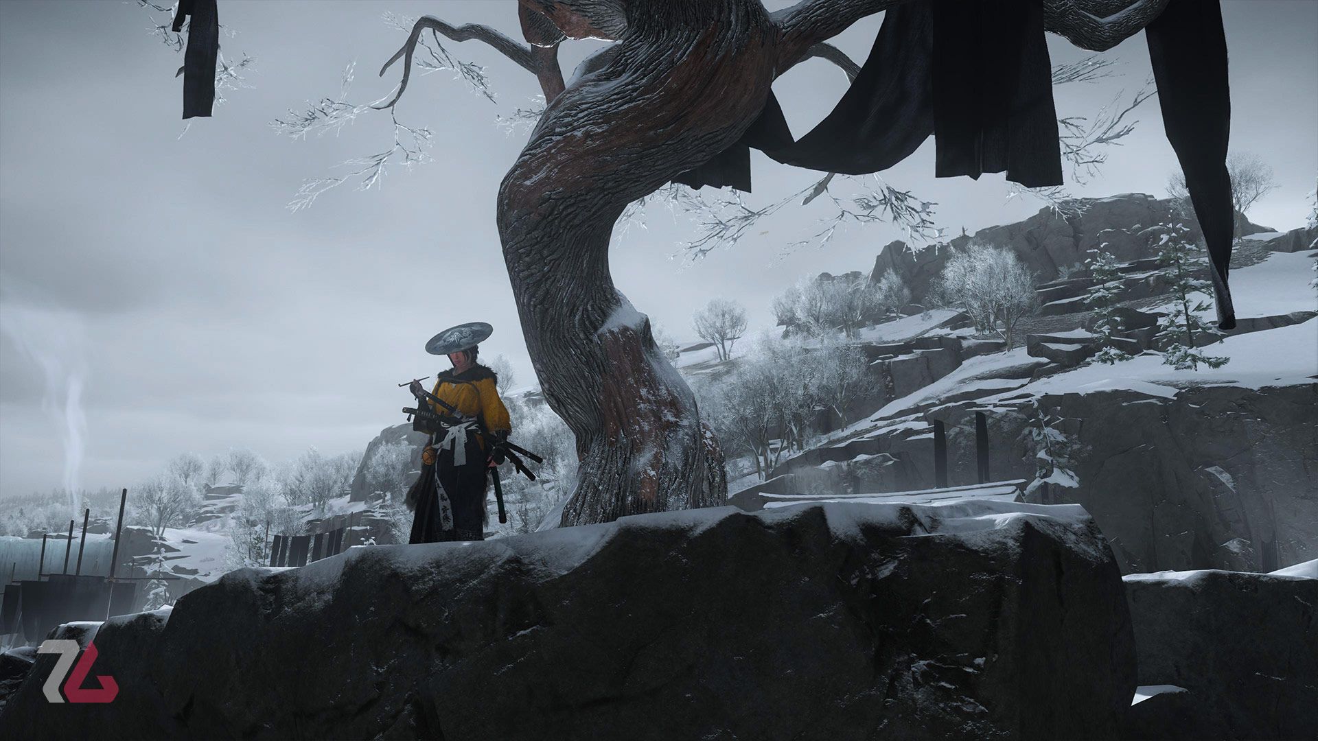 ایستادن آتسو در دل برف در بازی Ghost of Yotei