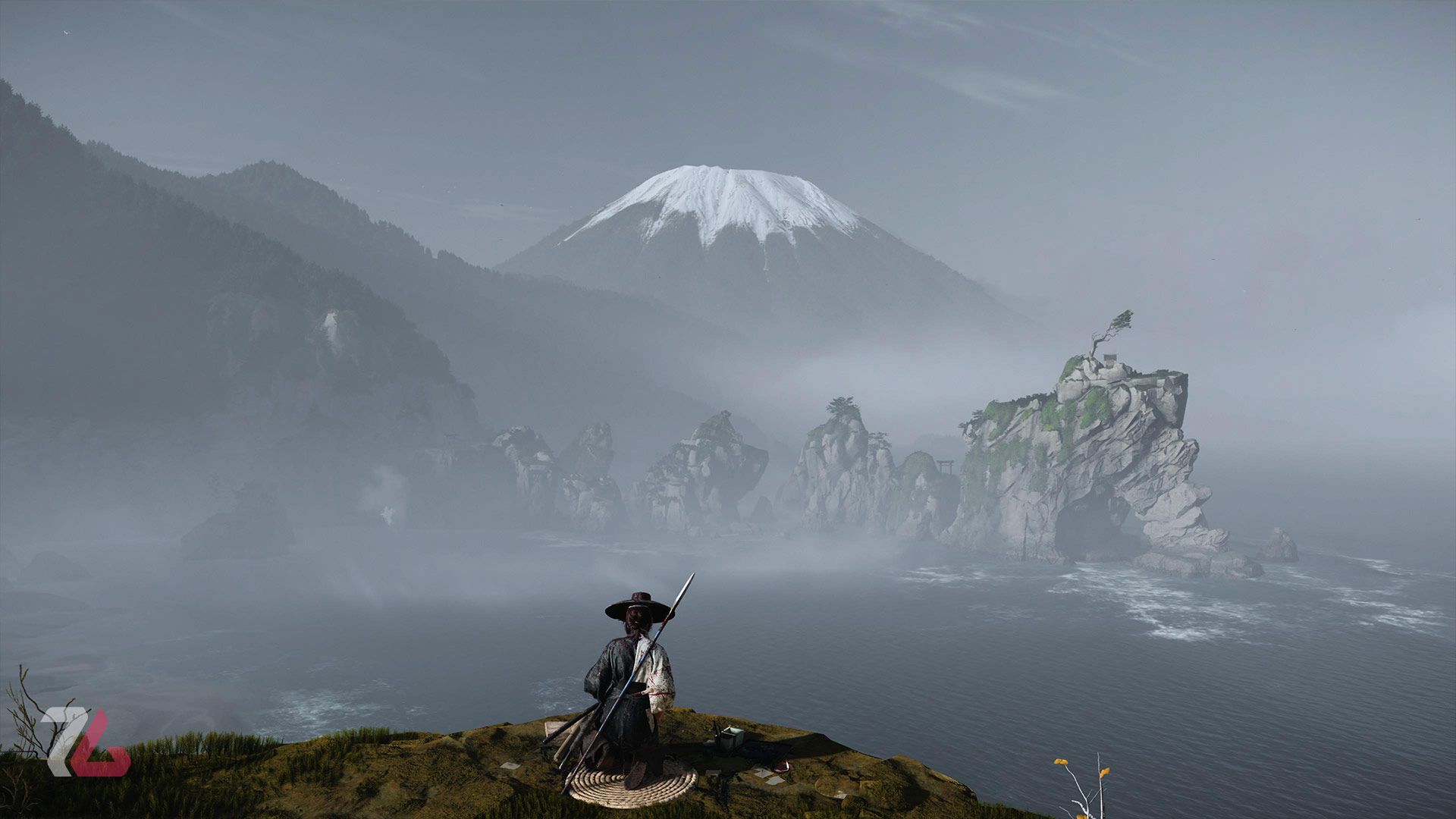 نشستن آتسو دربرابر منظره زیبا در شمال ژاپن برای نقاشی آن در بازی Ghost of Yotei پلی استیشن فایو