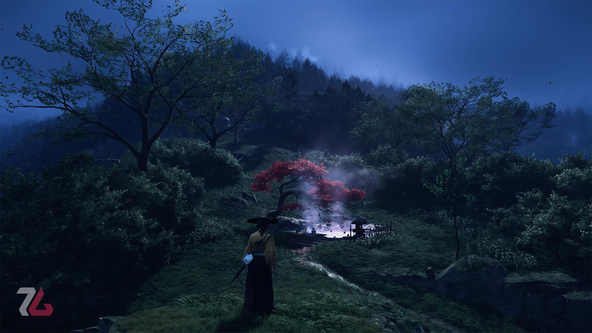 چشمه آب گرم در کنار درخت با برگ های قرمز در بازی Ghost of Yotei پلی استیشن فایو سونی