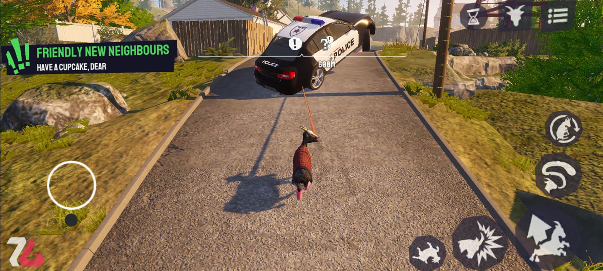 بز درحال کشیدن ماشین پلیس در بازی Goat Simulator 3