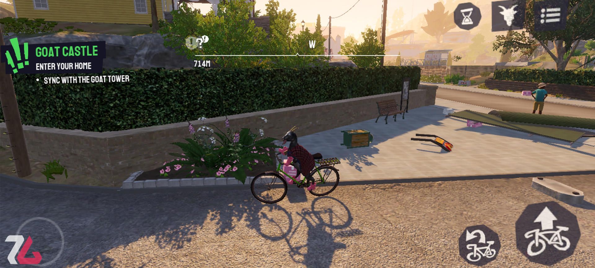 بز درحال دوچرخه‌سواری در بازی Goat Simulator 3