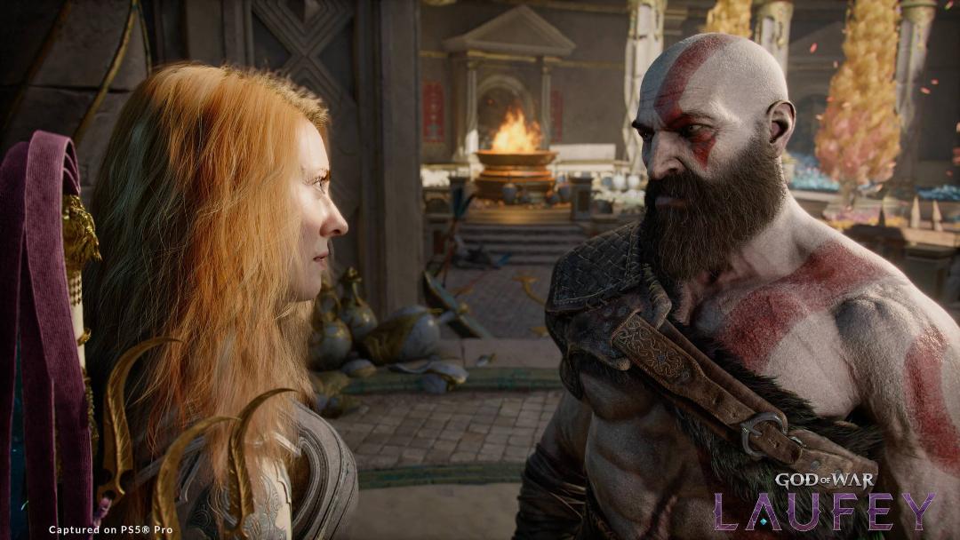 شخصیت کریتوس (Kratos) در مقابل زنی با موهای قرمز در بازی God of War Laufey