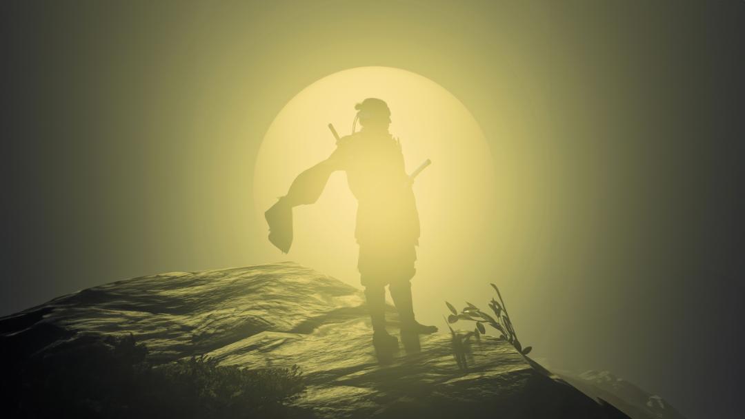 هاله طلایی خورشید در اطراف جین ساکای (Jin Sakai) در بازی Ghost of Tsushima