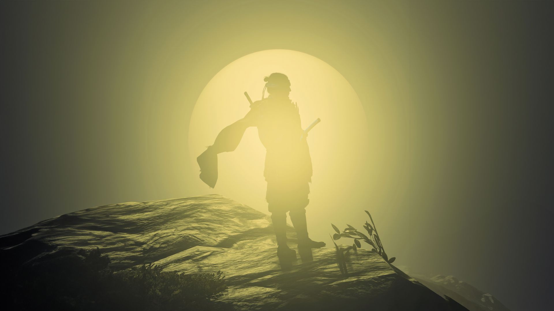هاله طلایی خورشید در اطراف جین ساکای (Jin Sakai) در بازی Ghost of Tsushima