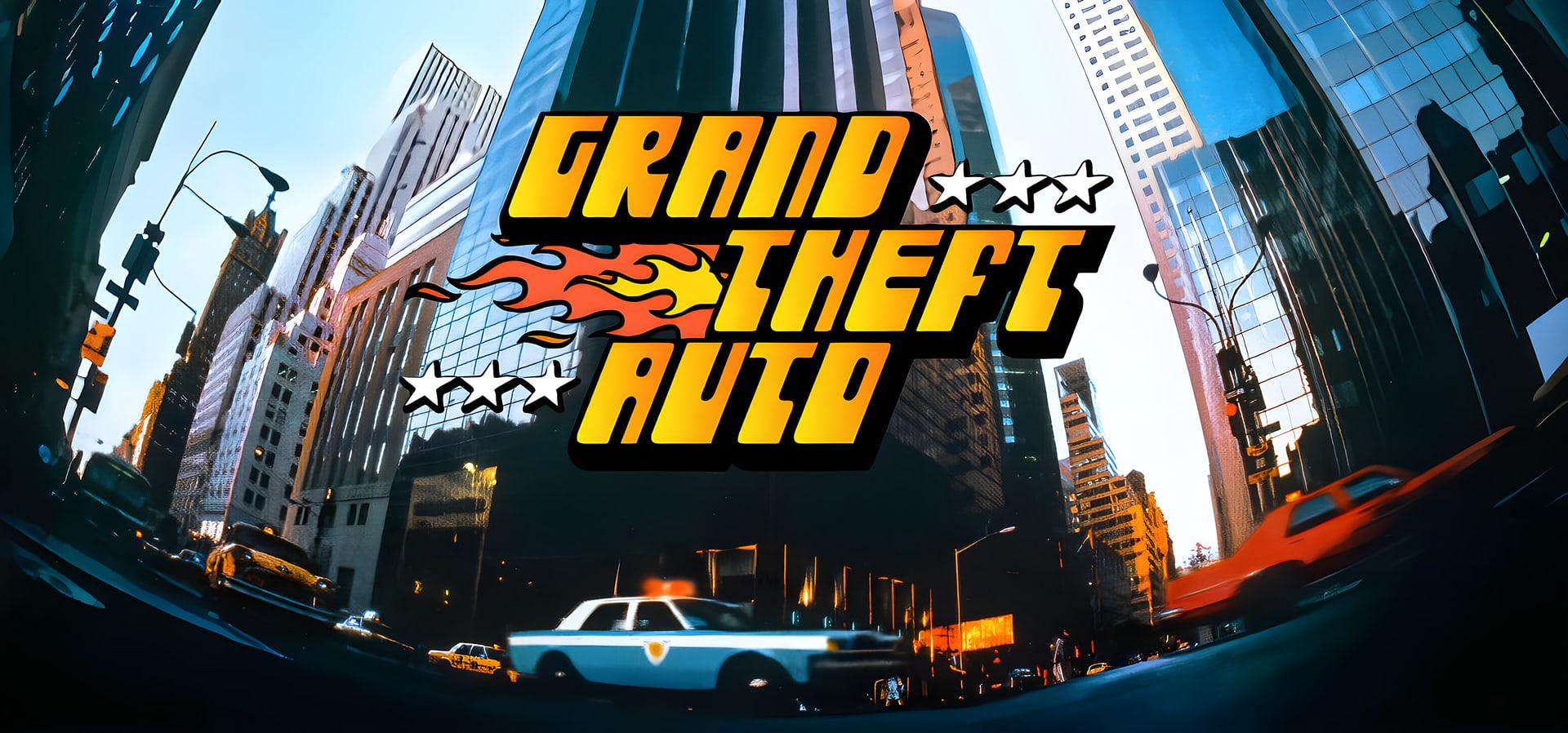 لوگوی مجموعه بازی‌های Grand Theft Auto بر پس‌زمینه آسمان‌خراش‌های شهری