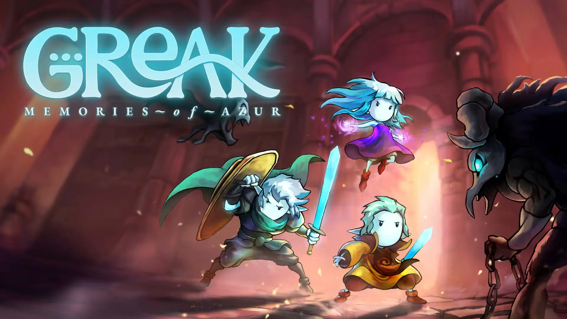 شخصیت‌های بازی Greak: Memories of Azur (Greak: Memories of Azur) در مقابل یک هیولای بزرگ