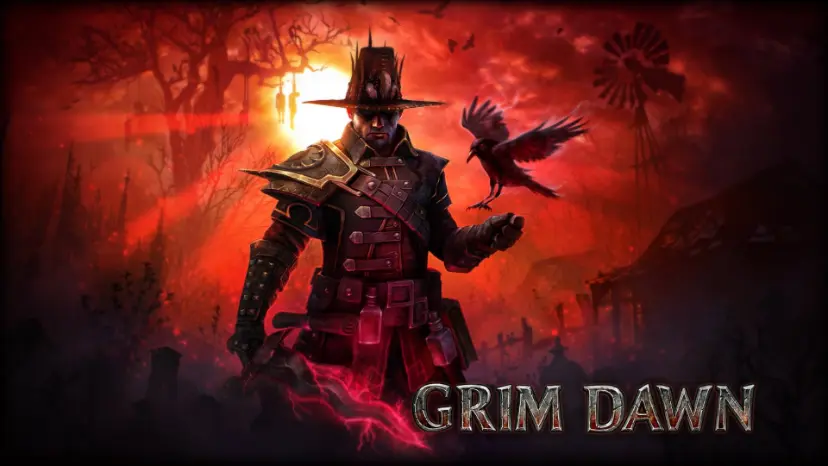 لوگو و شخصیت بازی Grim Dawn در پس زمینه قرمز