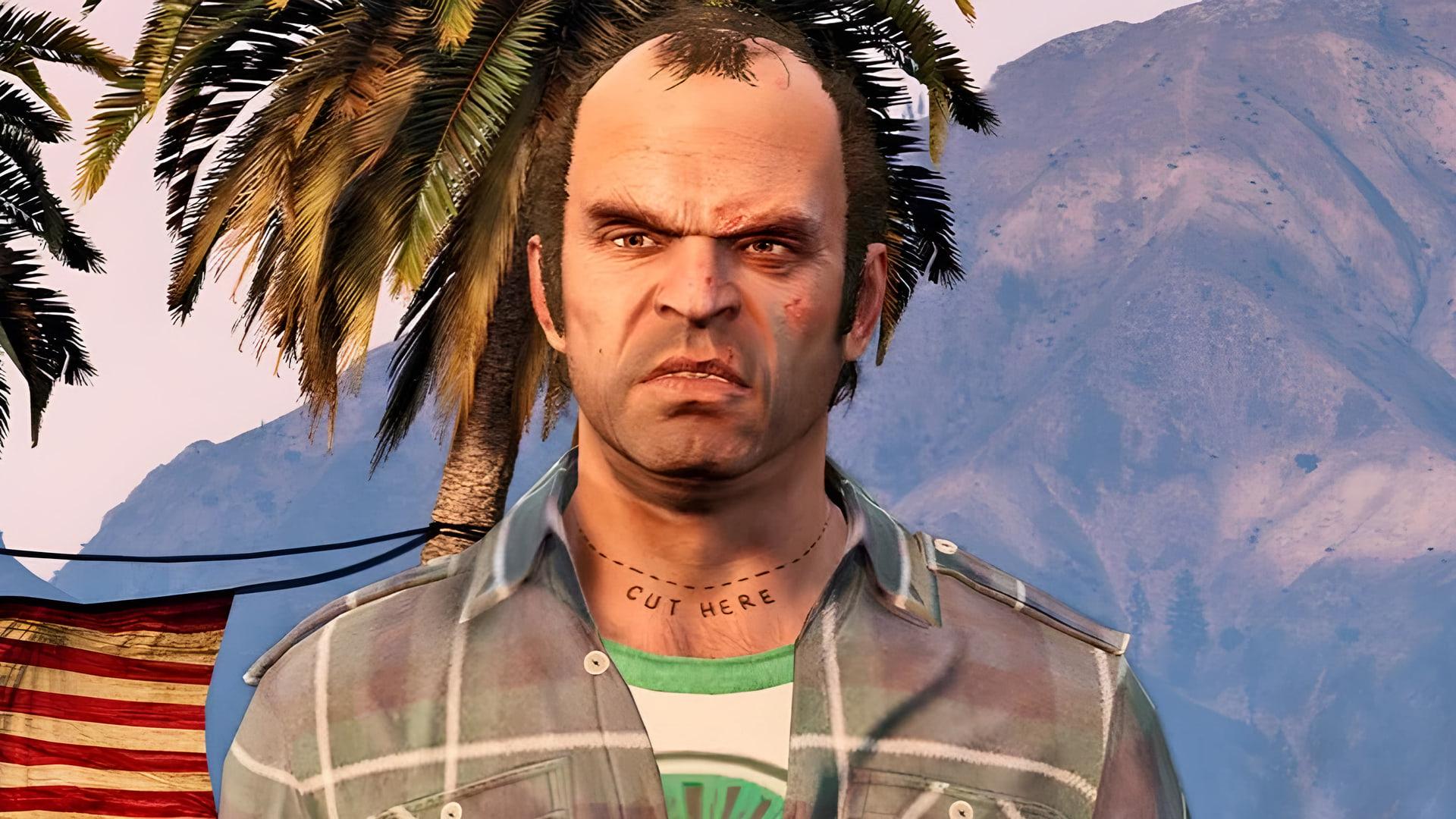 شخصیت ترور (Trevor) در محیط بازی GTA 5 با پس‌زمینه کوهستانی