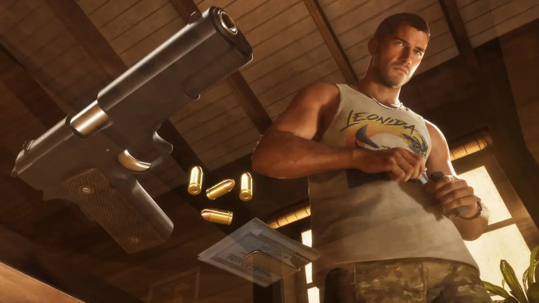 شخصیت مرد در بازی GTA 6 در حال شلیک با اسلحه و پرتاب گلوله