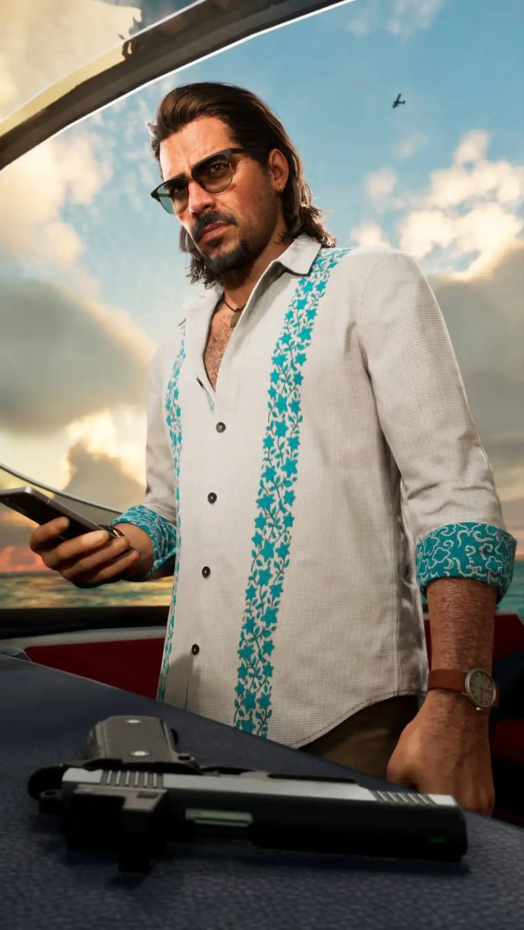 شخصیت مرد با عینک آفتابی و پیراهن سفید در محیط بازی GTA VI (Grand Theft Auto VI)