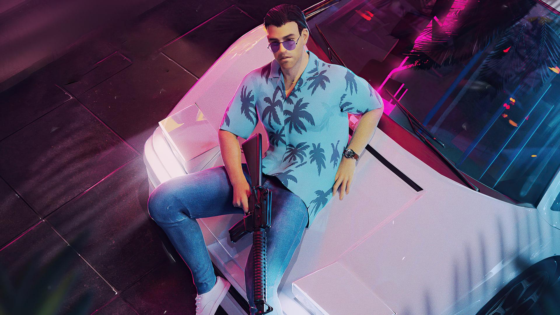 مردی با پیراهن طرح نخل و تفنگ روی کاپوت خودرو در GTA Vice City