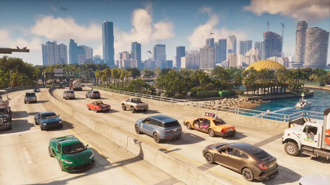 شهر ساحلی با آسمان‌خراش‌های بلند و ترافیک خودروها در بازی GTA 6