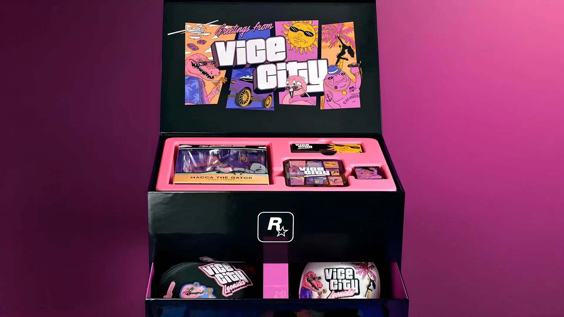 مجموعه کالکتور بازی GTA 6 شامل اقلام مختلف با طرح‌های وایس سیتی