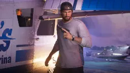 شخصیت مردی با کلاه لبه‌دار و اسلحه در کنار هلیکوپتر در بازی GTA 6