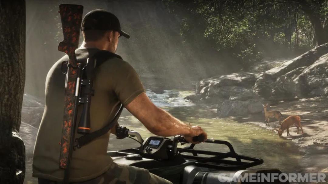 شخصیت بازی GTA 6 با تفنگ در حال حرکت با موتور چهارچرخ در طبیعت