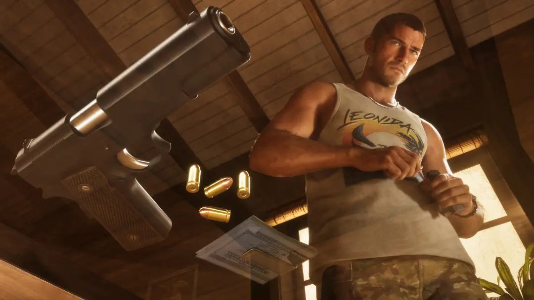 شخصیت مرد در بازی GTA 6 در کنار تفنگ و پول