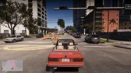 خودروی قرمز تبدیل‌شدنی در خیابان‌های شهری بازی GTA 6