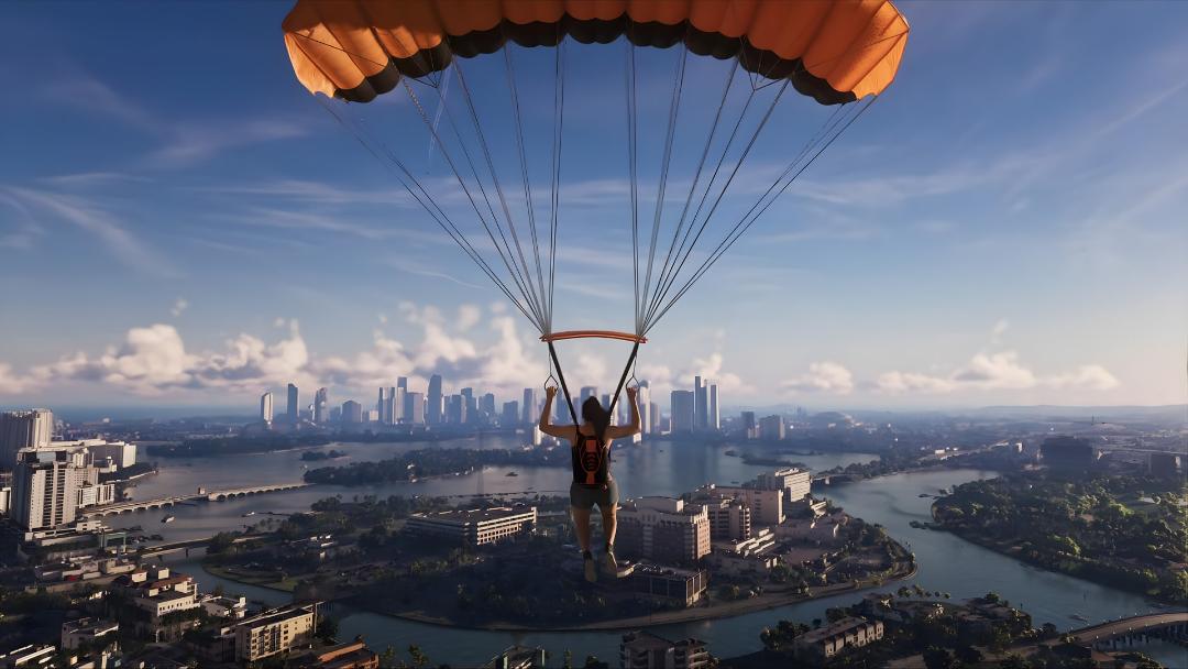 شخص با چتر نجات (Parachute) بر فراز شهر در بازی GTA 6