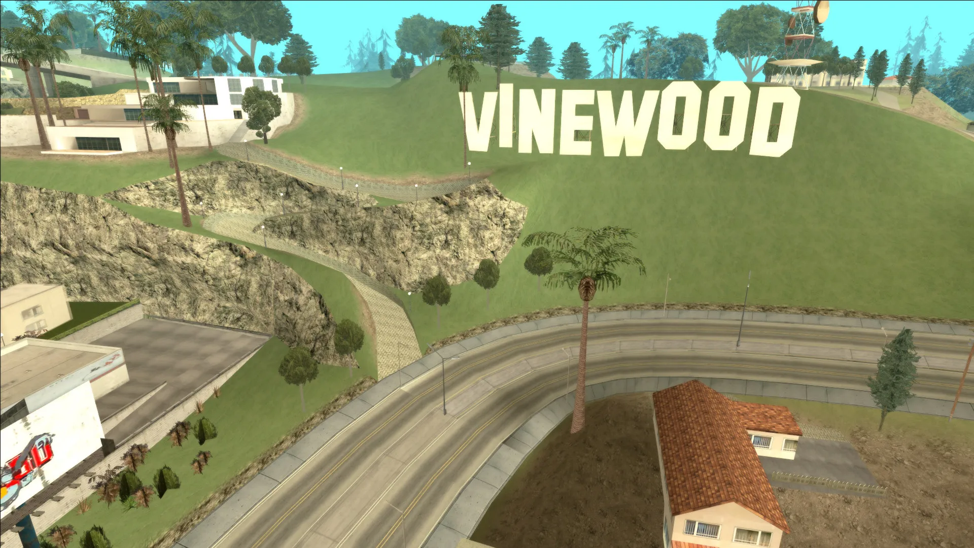 تابلوی بزرگ VINEWOOD در بازی جی‌تی‌ای سن آندریاس (GTA: San Andreas)