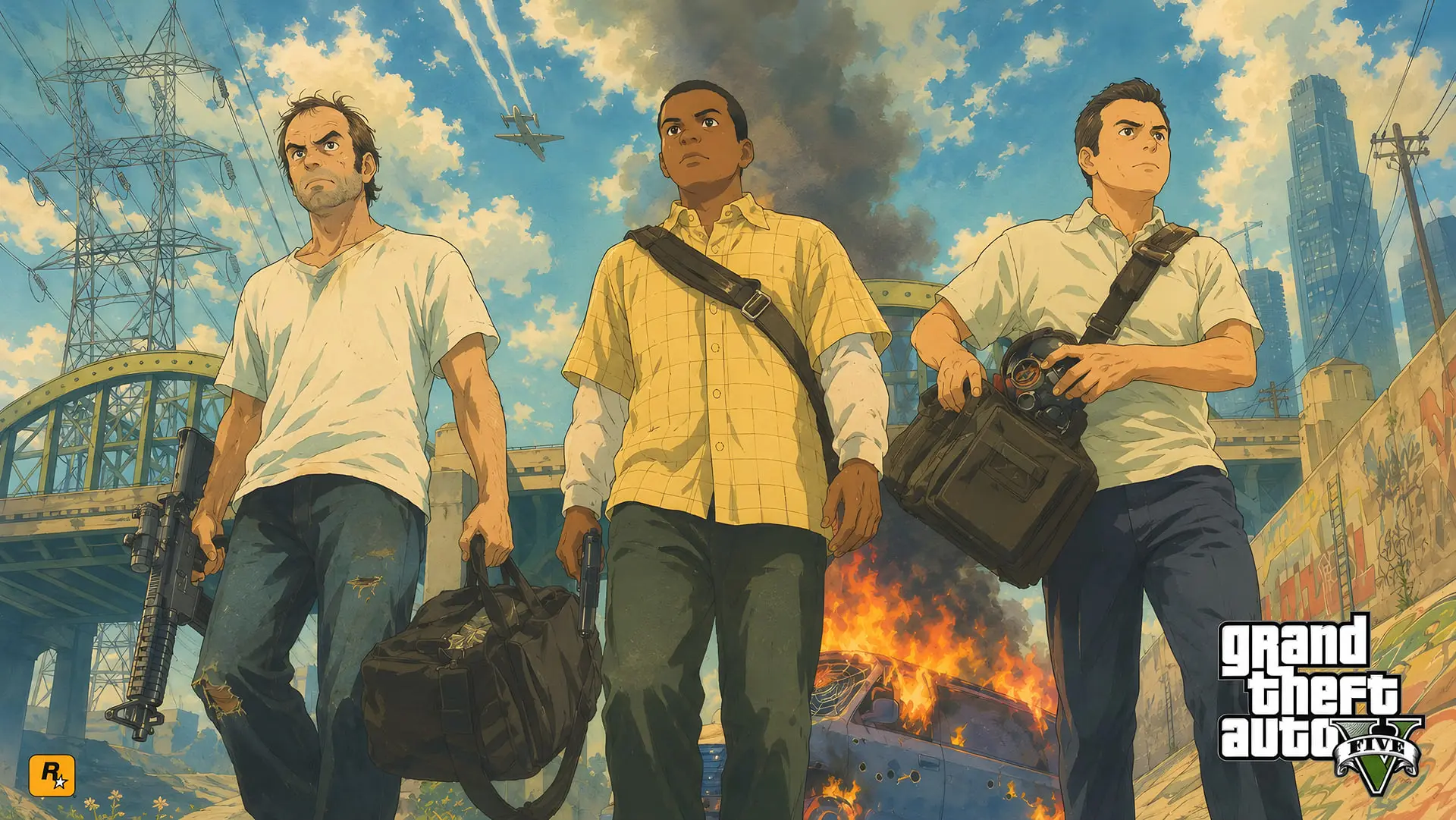 سه شخصیت اصلی بازی GTA V (Grand Theft Auto V) با سبک هنری انیمه