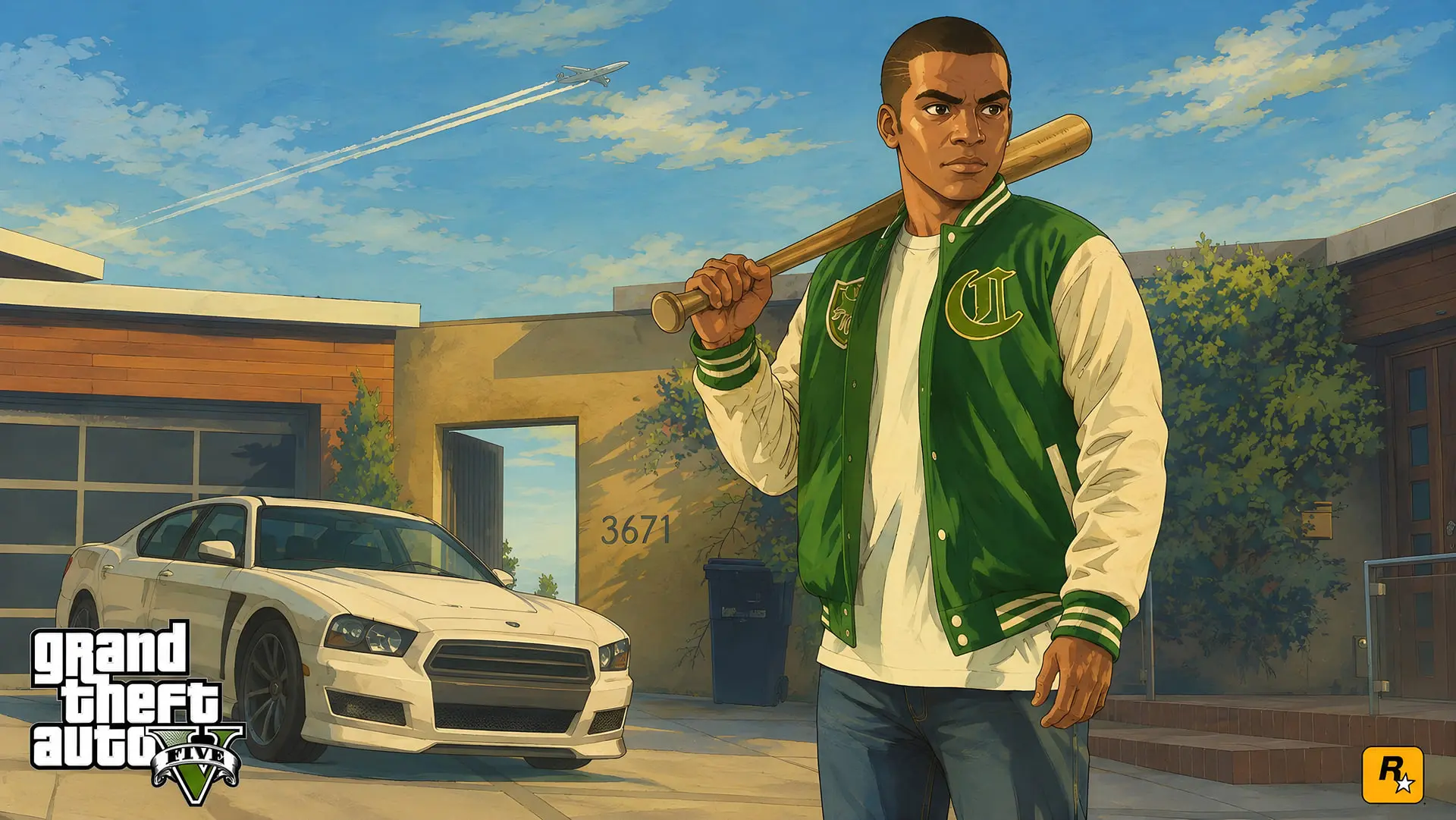 شخصیت انیمه‌ای بازی GTA V با چوب بیسبال در کنار خودروی سفید
