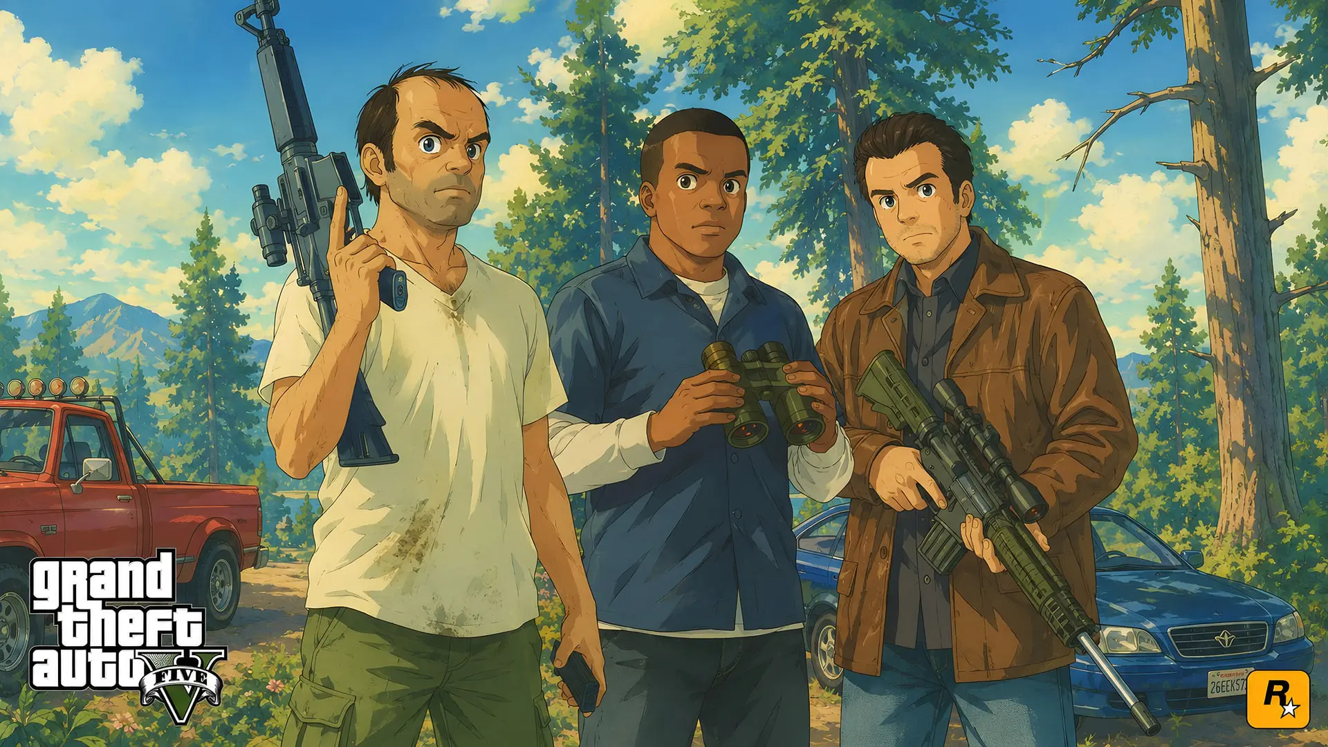 سه شخصیت اصلی بازی GTA V با استایل انیمه در محیط جنگلی