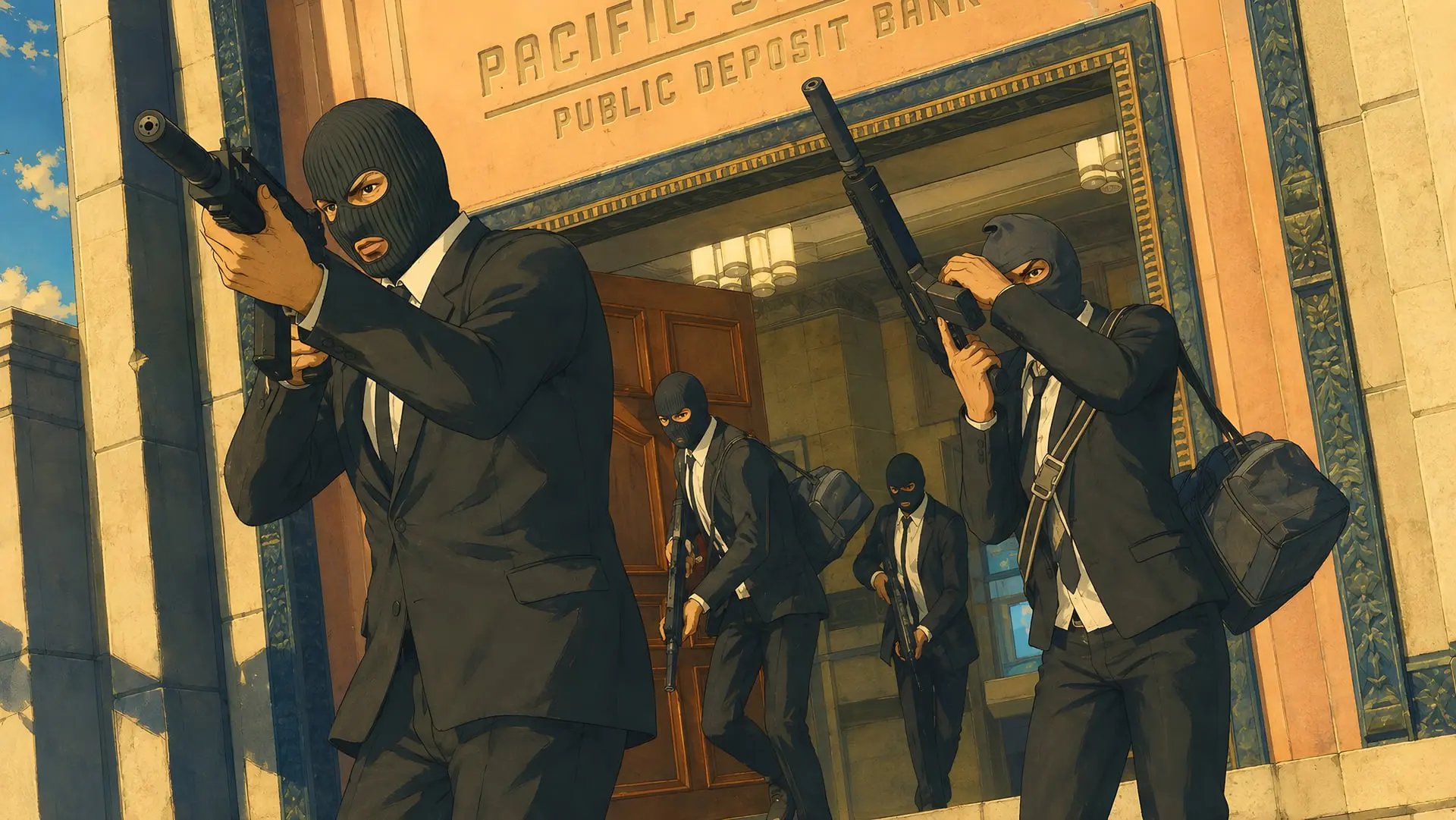 شخصیت‌های بازی GTA V با ماسک و لباس رسمی در حال سرقت از بانک