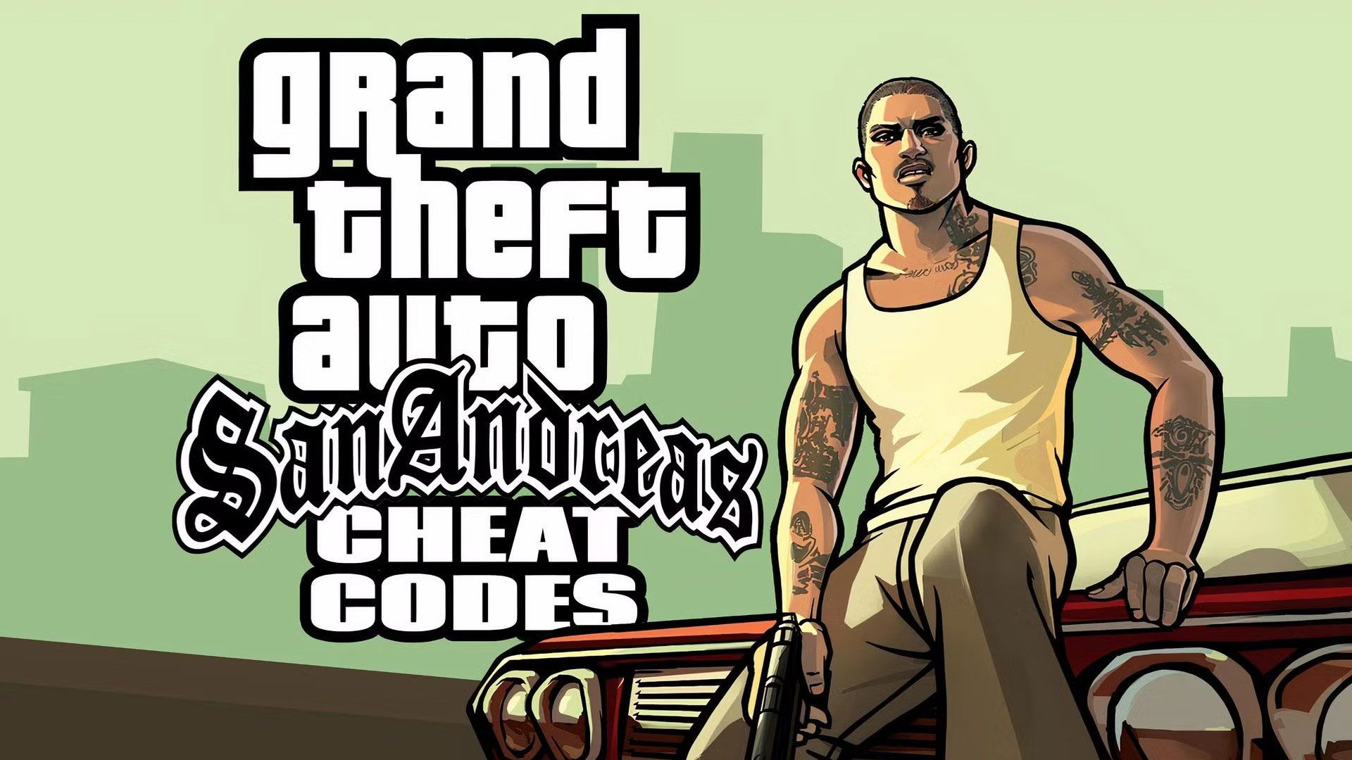 یک کاراکتر در تصویر کاور بازی GTA San Andreas روی یک ماشین نشسته است