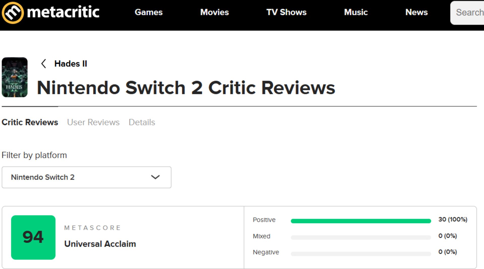 میانگین نقدها و نمرات بازی Hades 2 در وب‌سایت متاکریتیک (Metacritic)