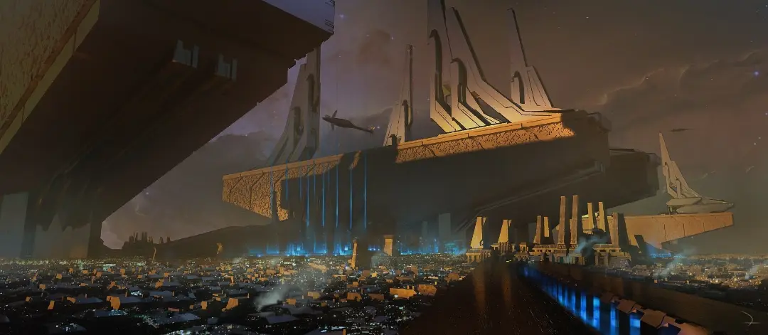ساختمان‌های عظیم و ماورایی در دنیای بازی Halo 7 بر فراز یک شهر بزرگ