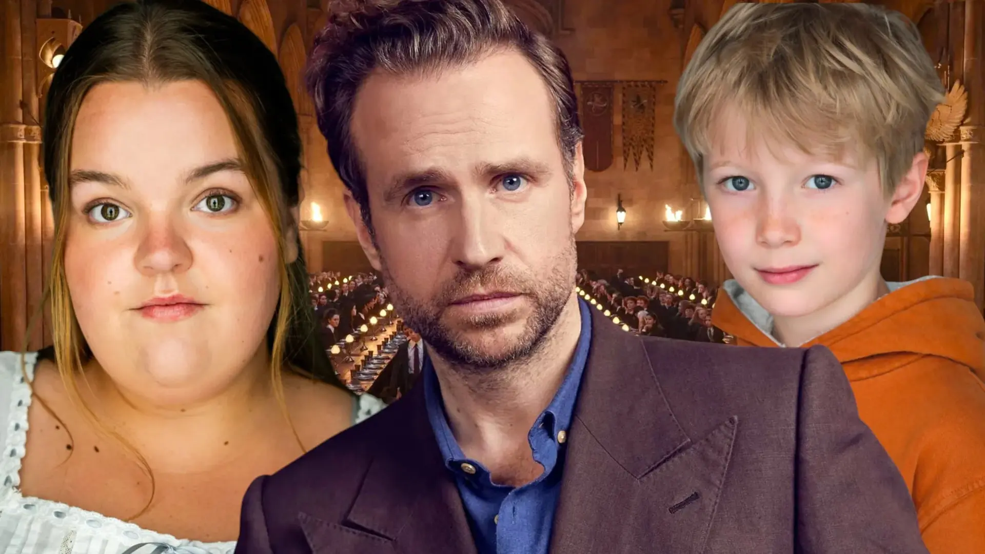 چهره‌های مولی هیویت-ریچاردز (Molly Hewitt-Richards)، رفی اسپال (Rafe Spall) و جاسپر امبروز (Jasper Ambrose) در پس‌زمینه سالن هاگوارتز