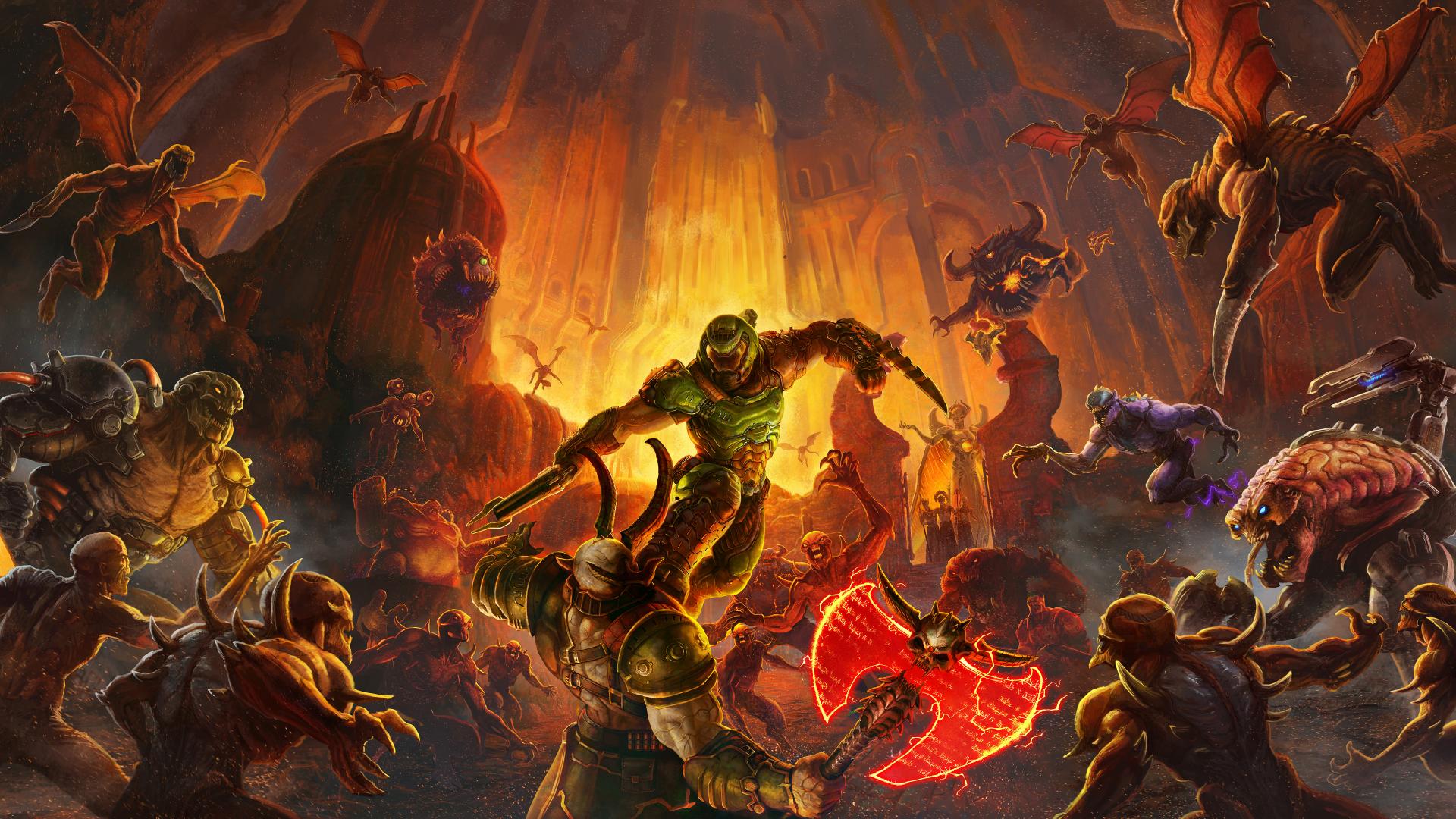 مبارزه دووم اسلیر (Doom Slayer) با هیولاهای جهنم در بازی DOOM Eternal