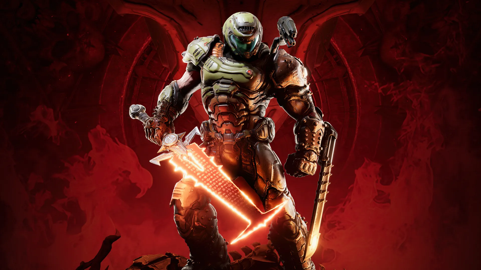 دووم اسلیر (Doom Slayer) با شمشیر جهنمی در بازی DOOM Eternal