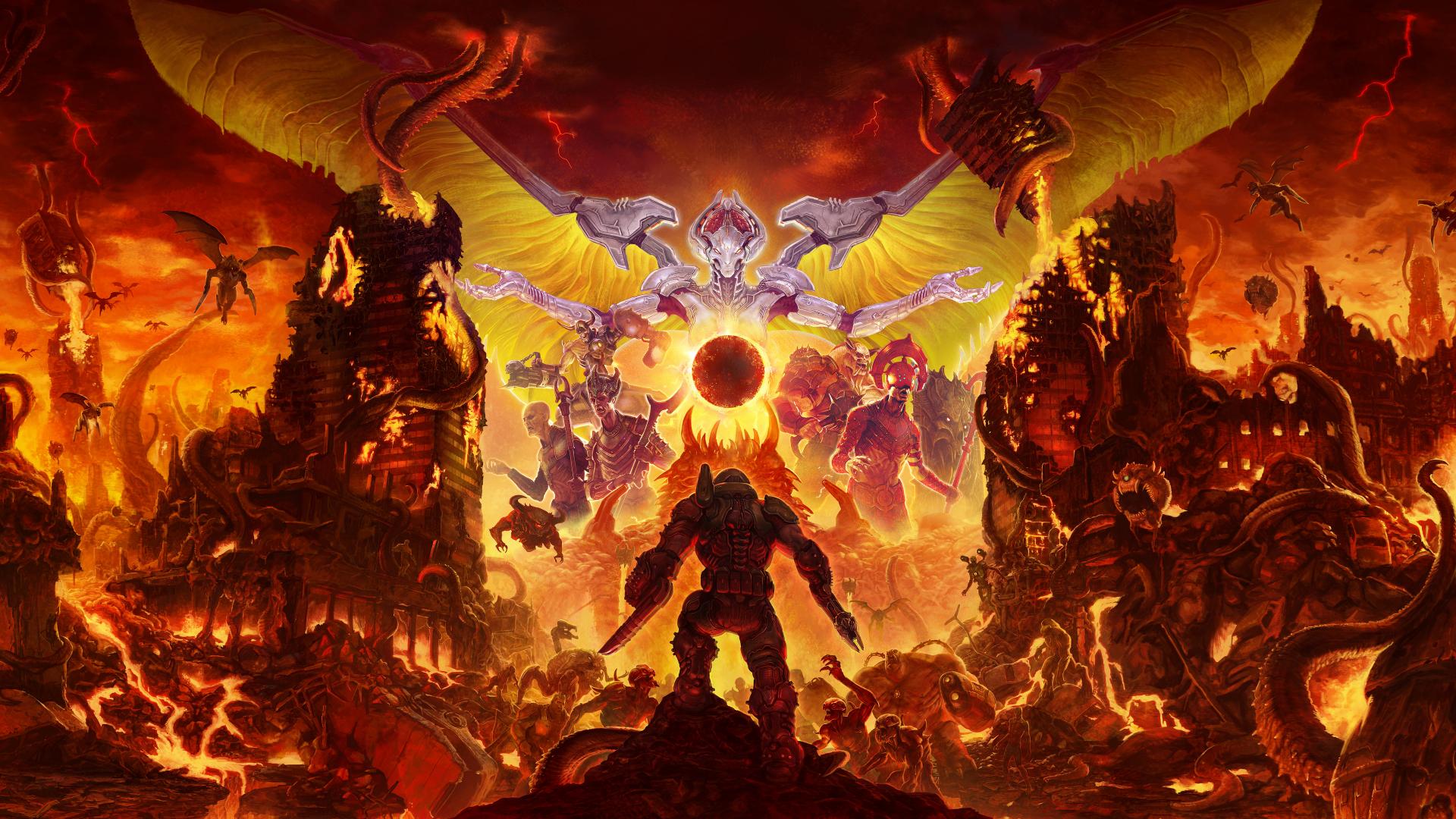 رویارویی دووم‌گای (Doomguy) با دشمنان جهنمی در بازی DOOM Eternal