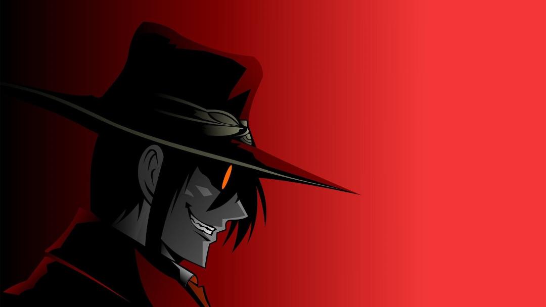 شخصیت اصلی انیمه hellsing ultimate با کلاه در پس زمینه قرمز