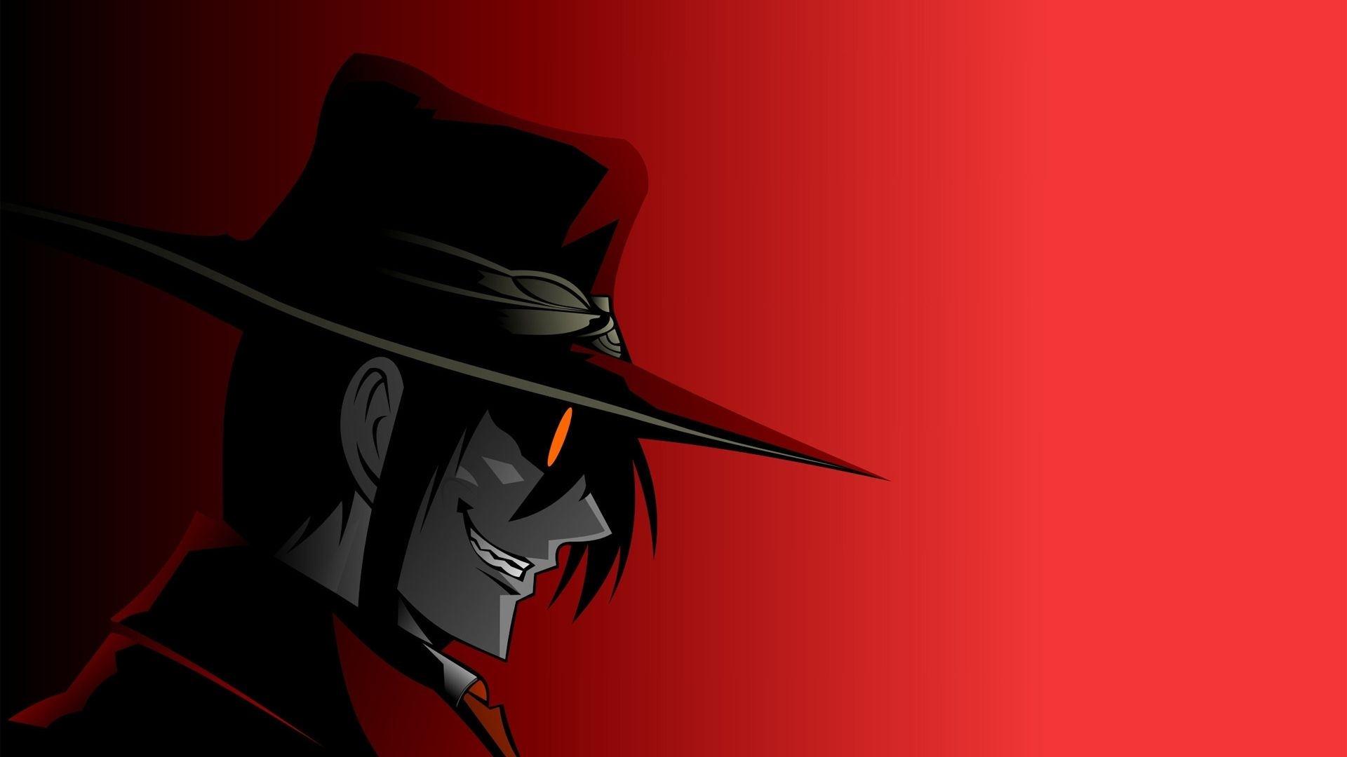شخصیت اصلی انیمه hellsing ultimate با کلاه در پس زمینه قرمز