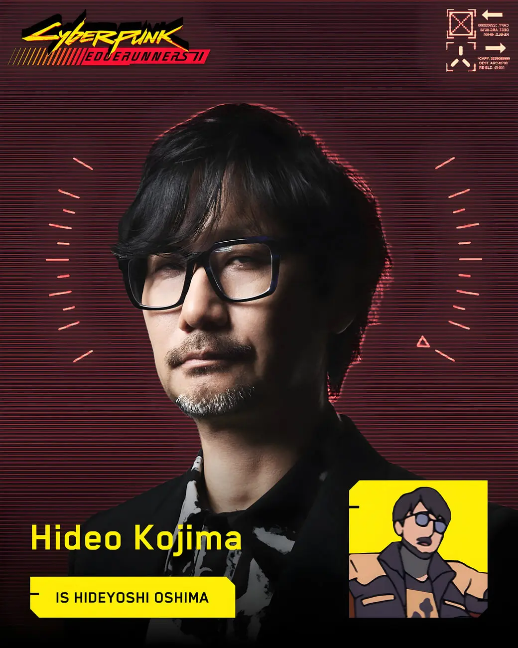 چهره هیدئو کوجیما (Hideo Kojima) با پس‌زمینه گرافیکی انیمه سایبرپانک