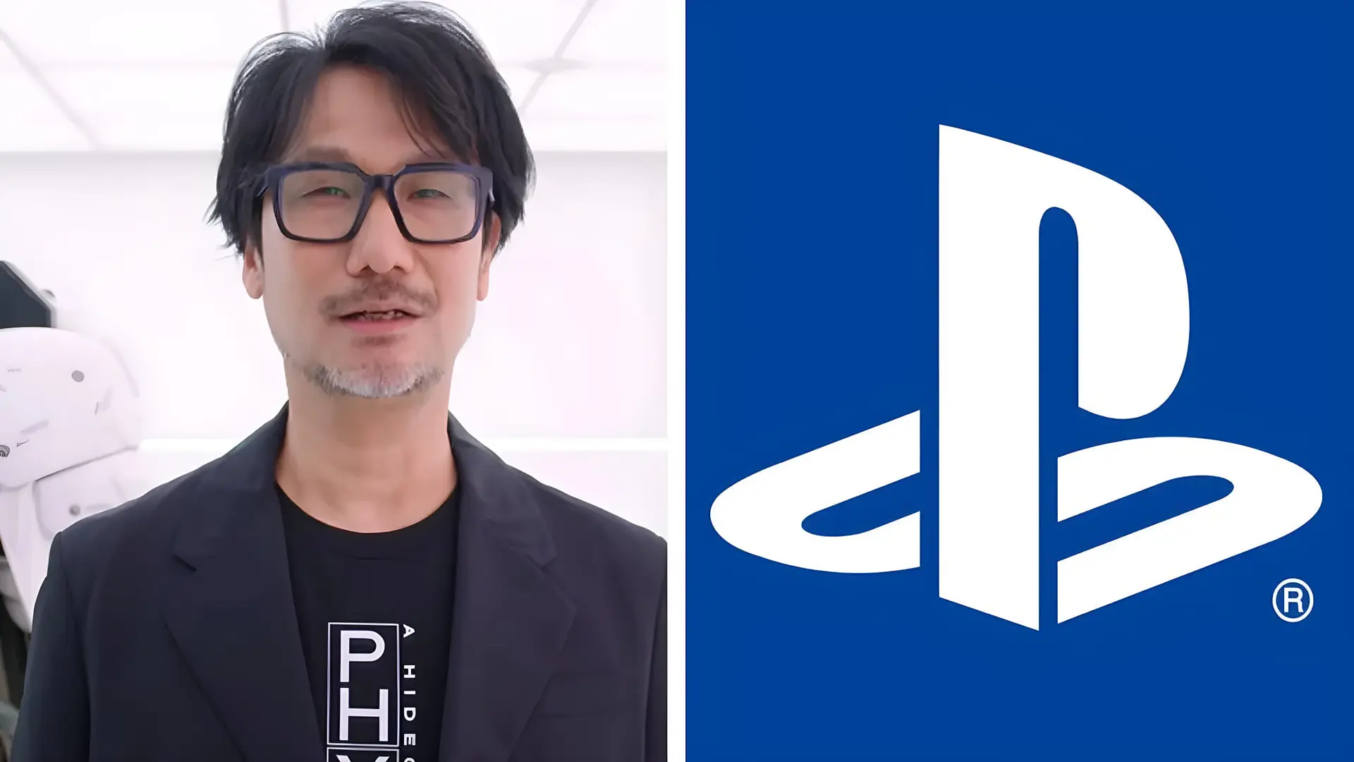 هیدئو کوجیما (Hideo Kojima) در کنار لوگوی برند پلی استیشن (PlayStation)