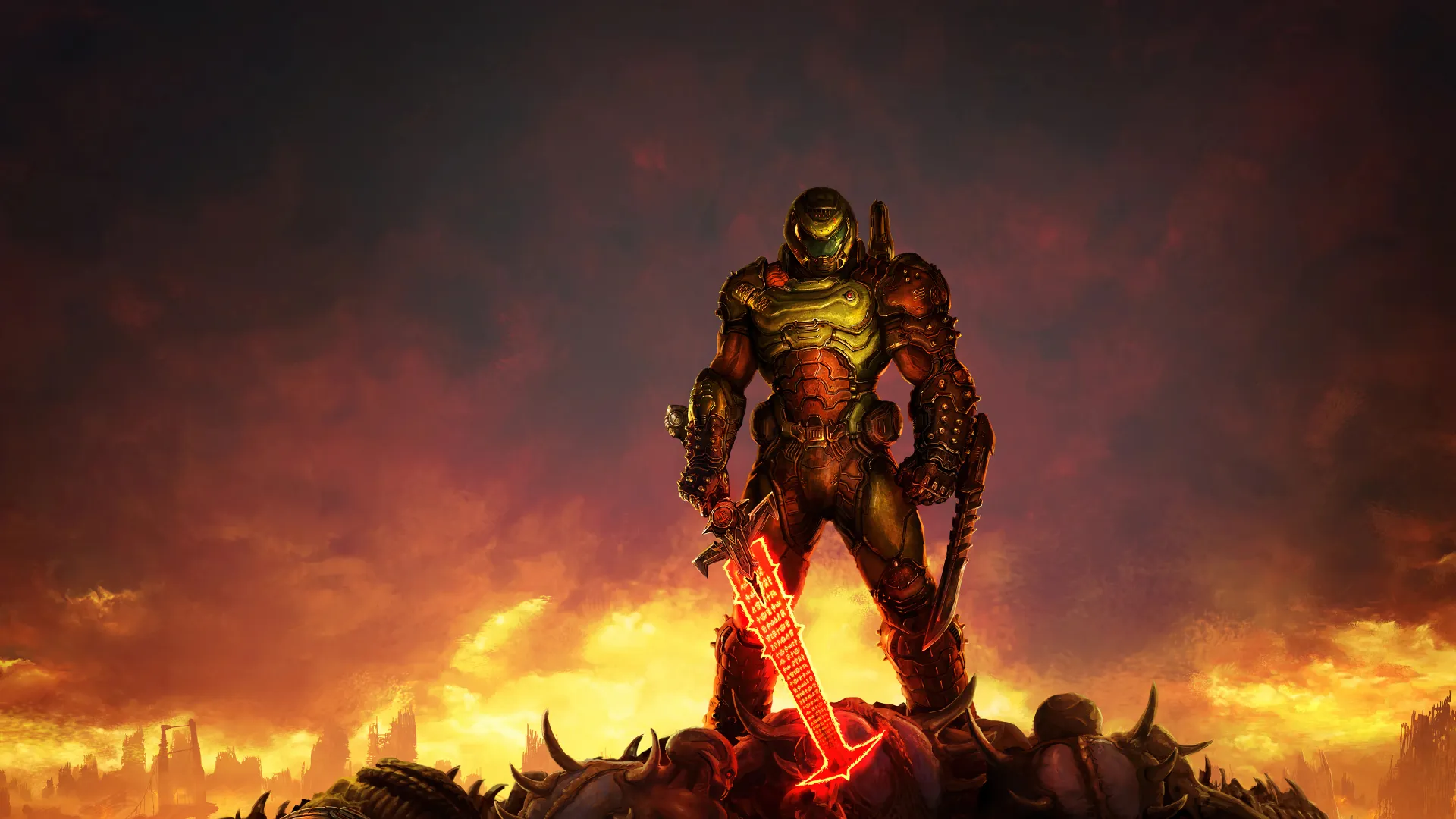 دووم اسلیر (Doom Slayer) ایستاده بر تپه‌ای از اجساد دشمنان در بازی DOOM Eternal