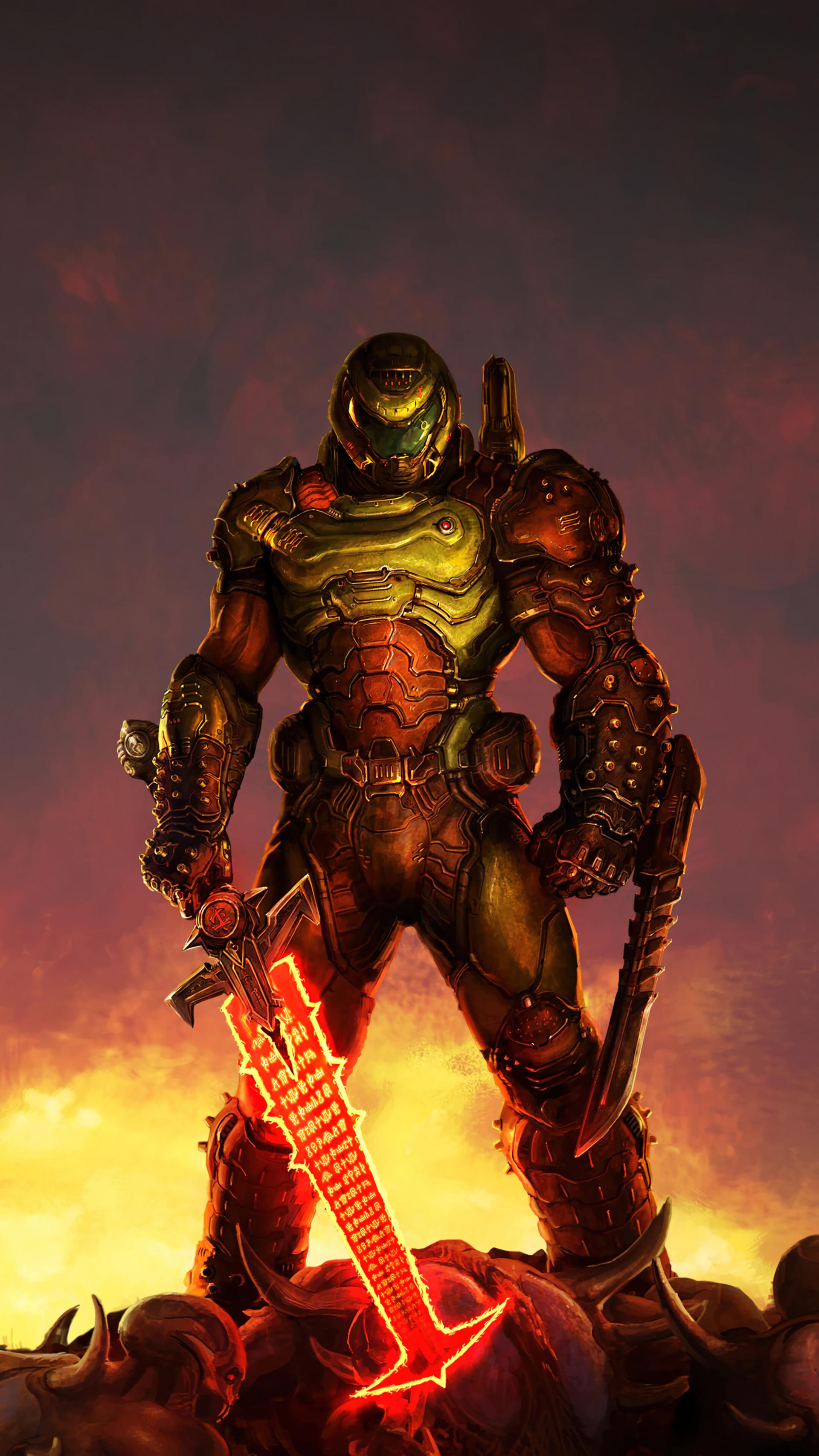 دووم اسلیر (Doom Slayer) ایستاده بر تپه‌ای از اجساد دشمنان در بازی DOOM Eternal