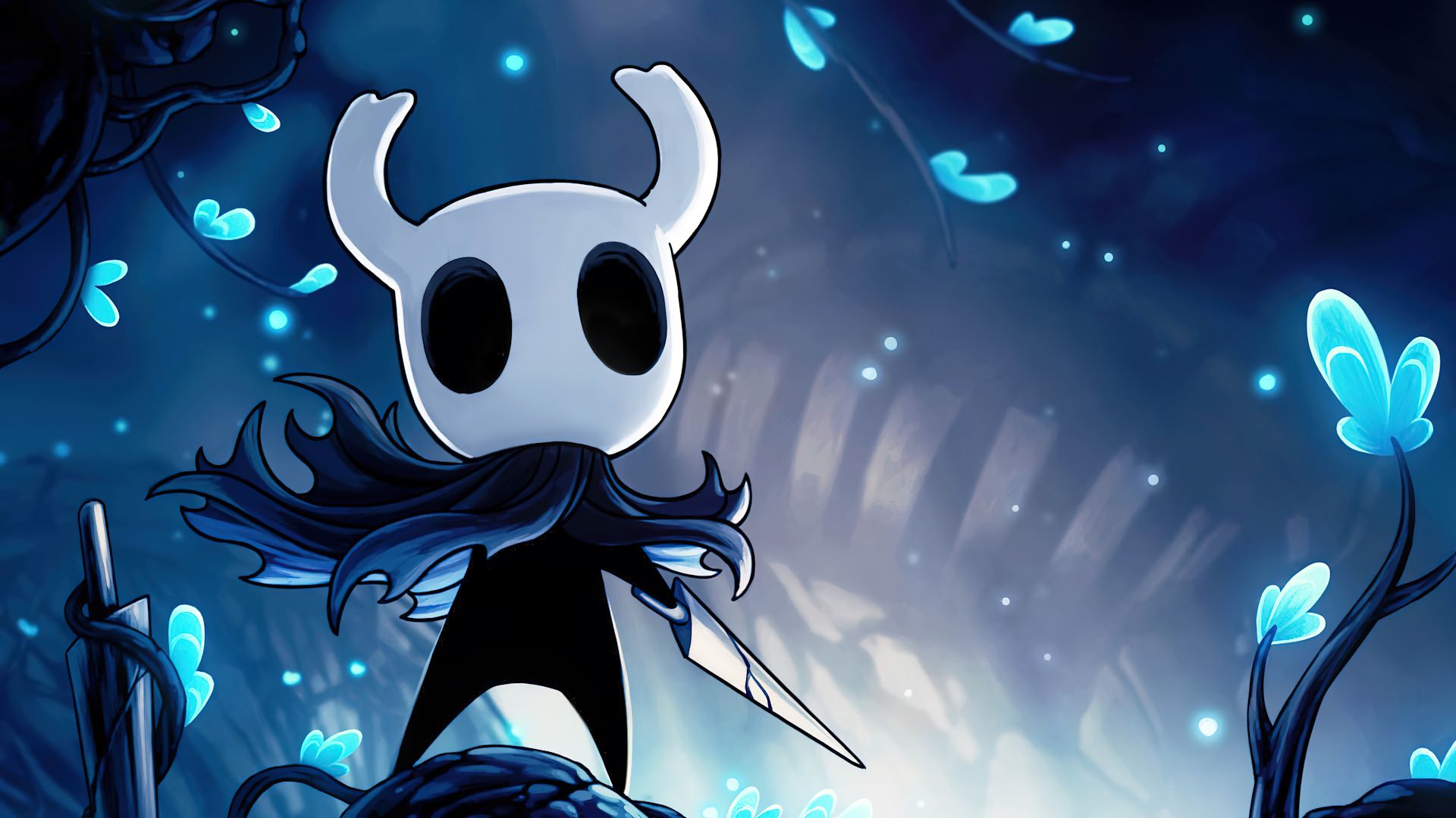The Knight (شوالیه) در اتمسفر آبی بازی Hollow Knight