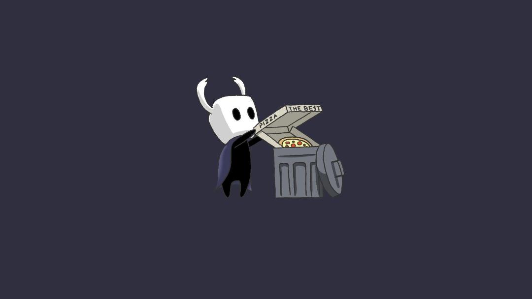 The Knight (شوالیه) از بازی Hollow Knight در حال دور ریختن پیتزا