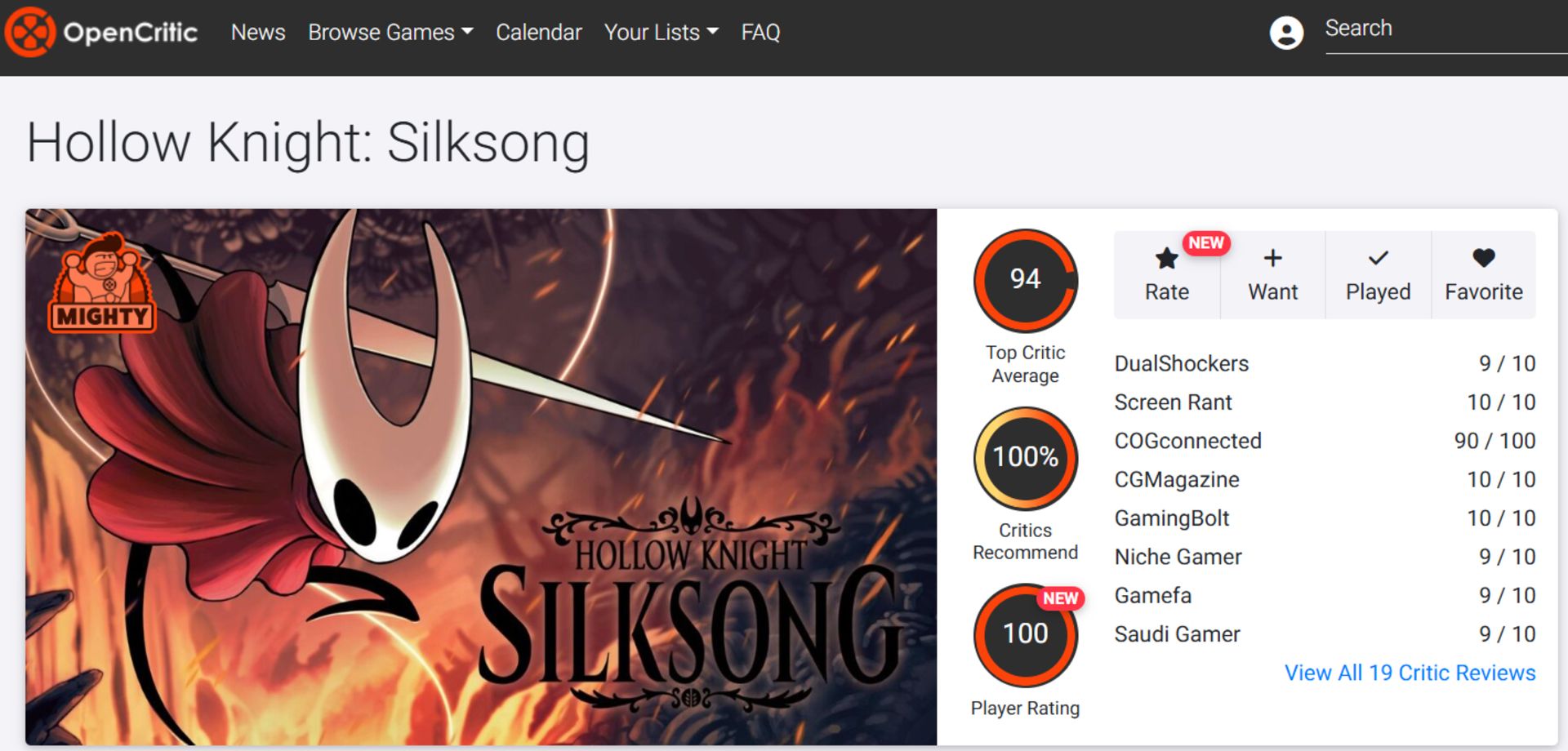 میانگین نقدها و نمرات بازی Hollow Knight: Silksong در وب‌سایت اوپن‌کریتیک (Opencritic)