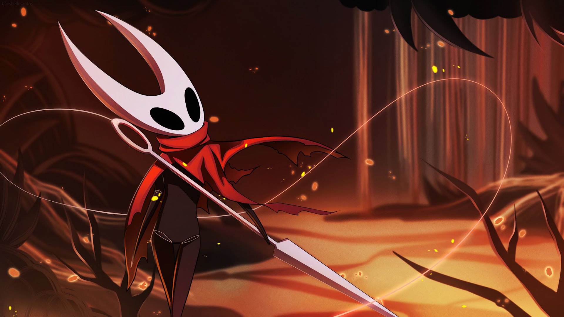 شخصیت هورنت (Hornet) در اتمسفر زرد بازی Hollow Knight
