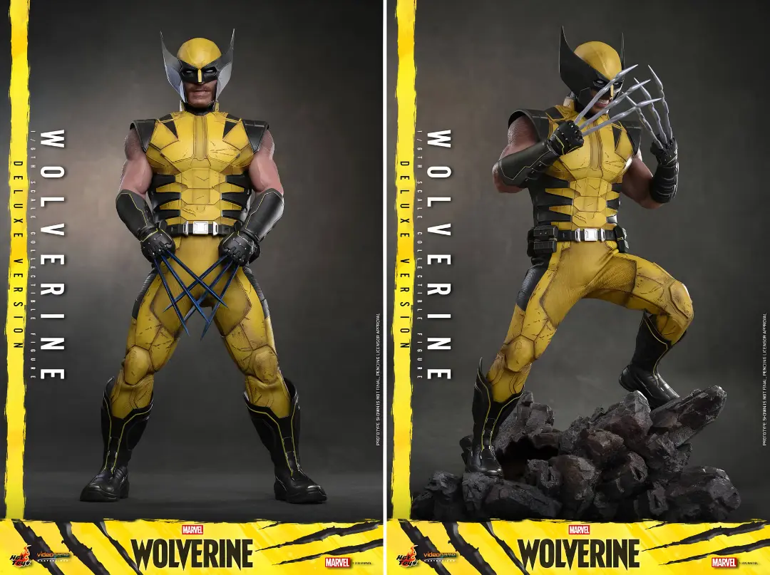 فیگور ولورین (Wolverine) با لباس زرد و مشکی و چنگال‌های فلزی