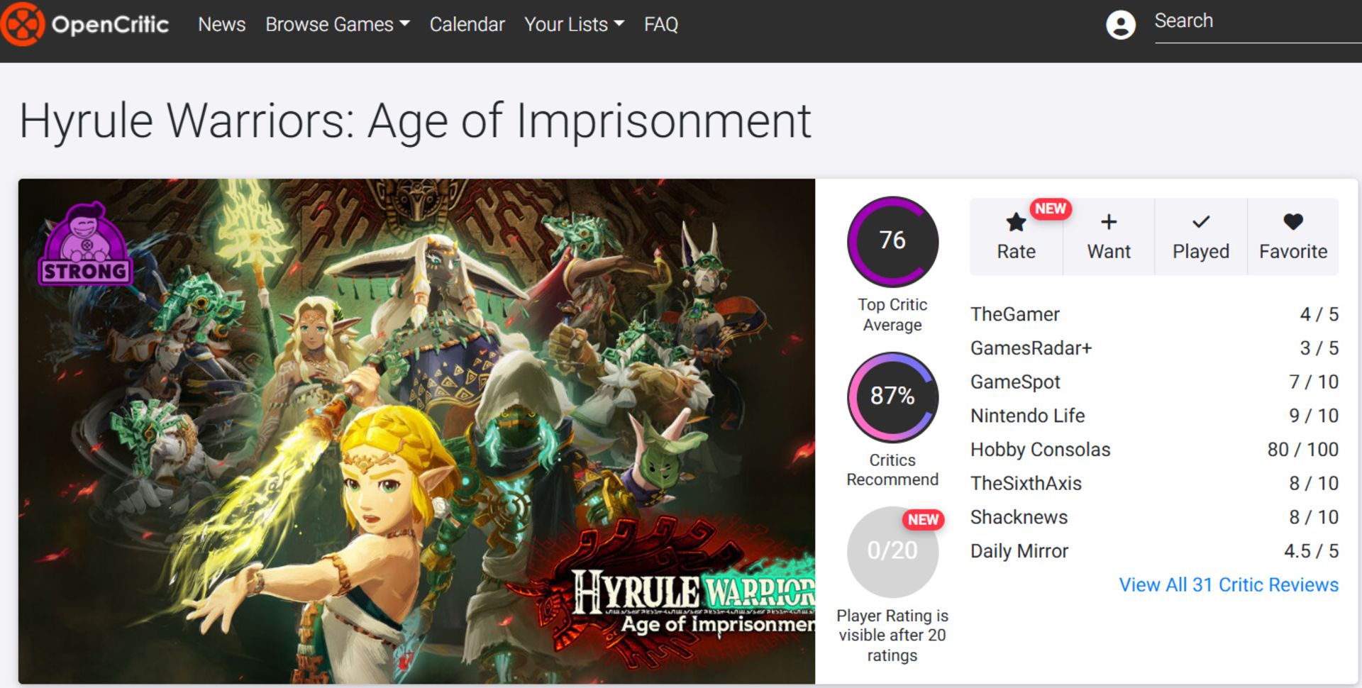 میانگین نقدها و نمرات بازی Hyrule Warriors: Age of Imprisonment در وب‌سایت اوپن‌کریتیک (Opencritic)