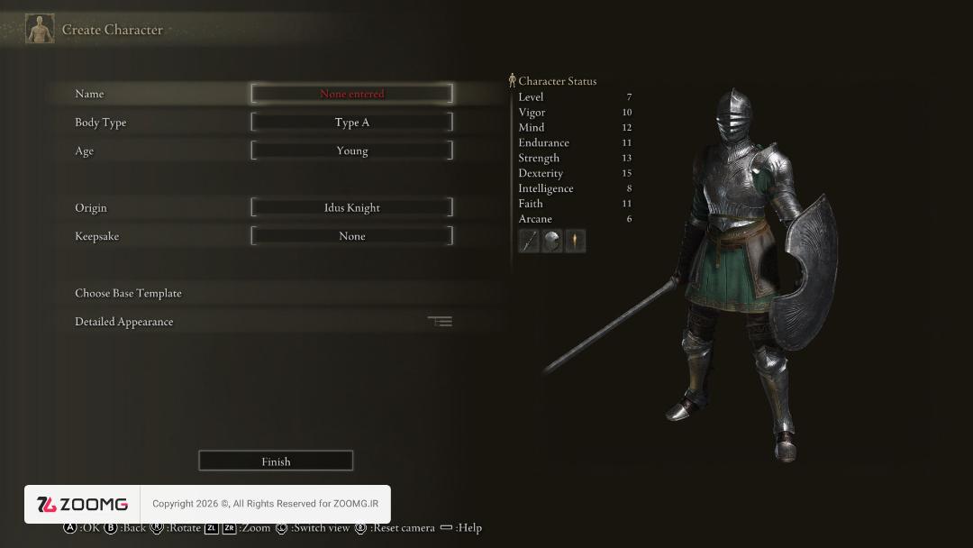 شخصیت Idus Knight در منوی ساخت کاراکتر بازی تارنیشد ادیشن (Tarnished Edition)
