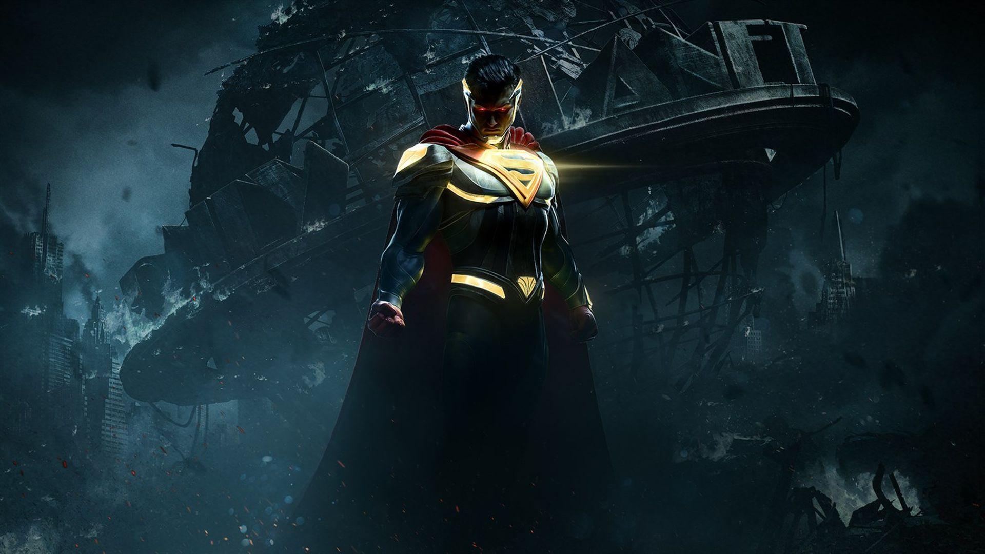 سوپرمن (Superman) با لباس سیاه و طلایی در محیط ویران‌شده بازی Injustice 2